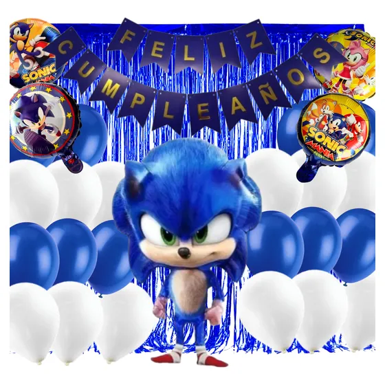 Combo Globos Kit Fiesta Cumple Temática Deco Sonic Silueta
