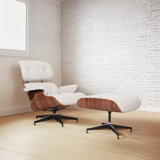 Sillón Eames Lounge Chair Con Ottoman Blanco, Cuero Thome Blanco