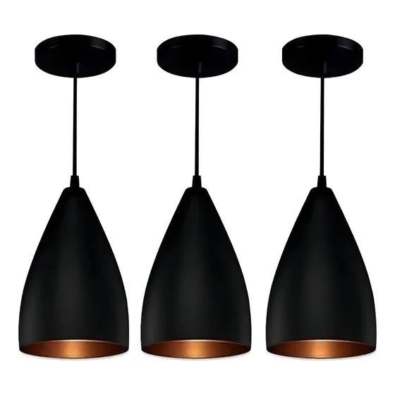 Kit Luminárias 3 Ilumania Pendentes De Teto Vegas Decoração Moderna Cor Preto/cobre Voltagem 127/220v
