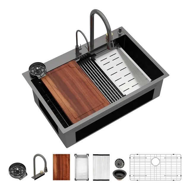 Logmey Fregadero De Cocina Cascada Negro Revestimiento Nano