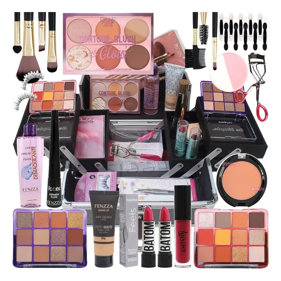 Maleta Maquiagem Completa BellaPink Fenzza Pincéis Fenzza Ruby Rose Pó Contorno