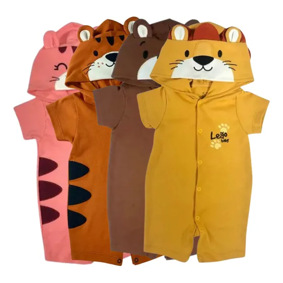 Macacão Curto Fantasia Bebê Tigre Capuz 100% Algodão