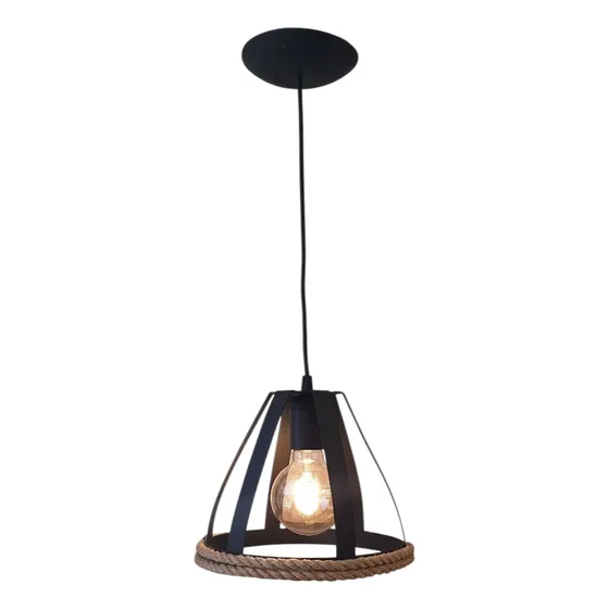 Lampara Colgante Jaula Soga Yute E27 Patios Jardin Led Chapa Negro Soga Yute