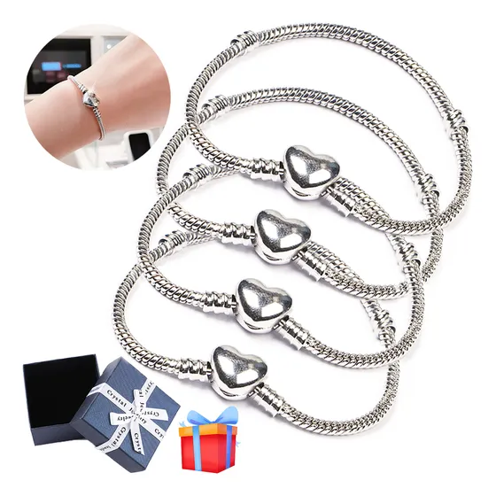 Pulsera Plata Para Charms Cadena Serpiente Broche Corazón4pz