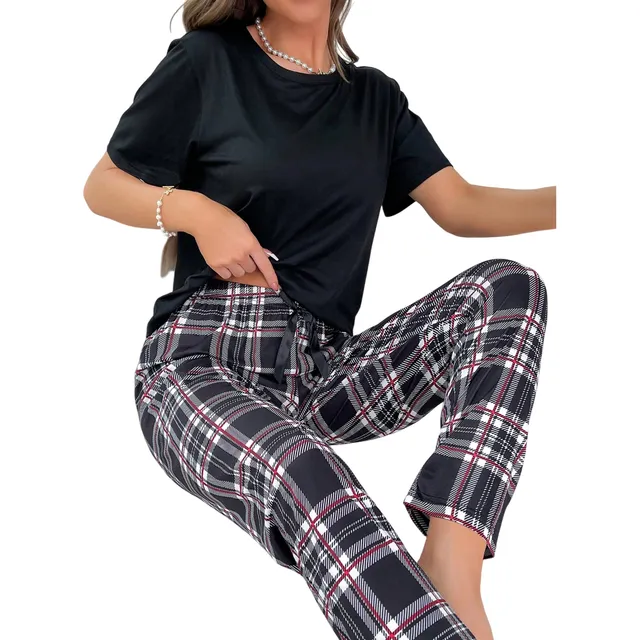 Conjunto De Pijama Con Nudo Delantero Estampado A Cuadros