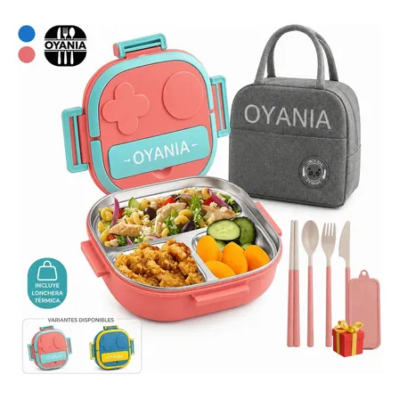 Fiambrera Térmica OYANIA de Acero Inoxidable con 3 Compartimentos, Cubiertos y Bolsa, para Niños