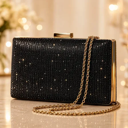 Bolsa Clutch Feminina Festa Madrinha Casamento Carteira Luxo Preto Brilhoso Metal