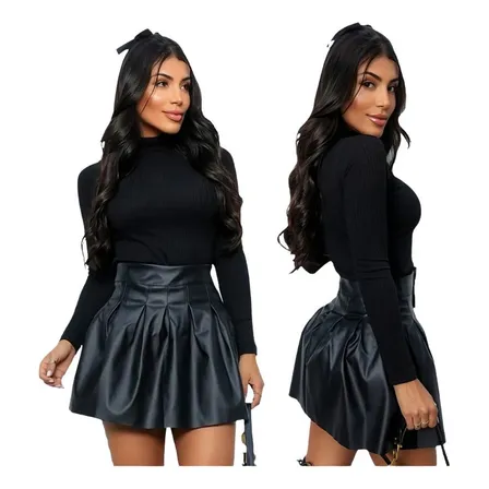 Saia Curta Couro Fake Plissada Babado Rodada Com Pregas