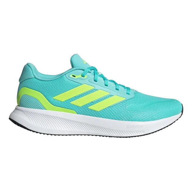 Tênis de corrida adidas Runfalcon 5 na cor azul água com detalhes em verde limão e entressola branca Cloudfoam vista de perfil