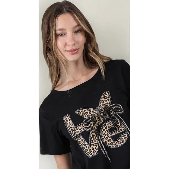 Remera Premium Estampada Love Moño Print Con Brillos Gu03526
