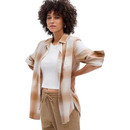 Blusa Gap Cuadros Franela Manga Larga Beige