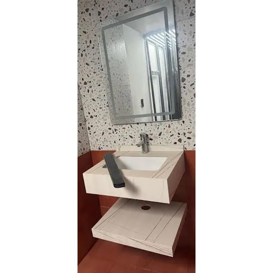 Tope De Mueble  De Baño Blanco En Piedra Espejo Led 60x50 Cm