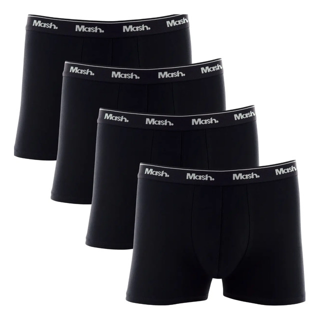 Kit com 4 cuecas boxer masculinas da marca Mash na cor preta, exibidas em degrau sobre fundo branco