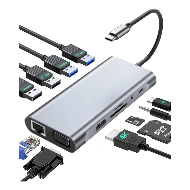 Hub Usb C 11 En 1 Con Hdmi 4k, Usb 3.0, 100 Wpd, Vga, Tarjet
