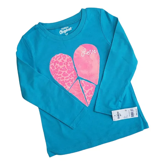 Remera Manga Larga Niña Oshkosh Celeste Corazón 3 Años 