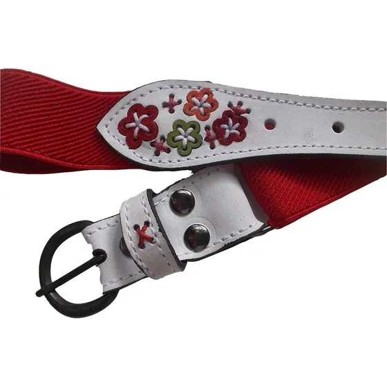 Cinturón Para Niña - Elástico Rojo Y Cuero Bordado A Mano