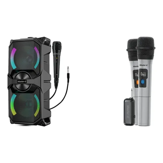 Kit Karaoke: Parlante Bluetooth 6,5 Luxor Negro + Micrófonos Inalámbricos Uhf Master-g Gris
