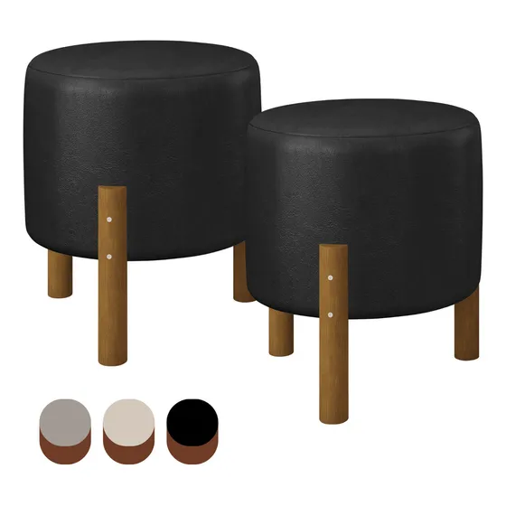 Puf Para Sala Banqueta Redondo Multiuso Tecido Linho 2 Peças Cor Preto