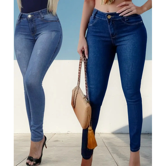 Kit 2 Calças Jeans Cós Alto Com Lycra Roupas Femininas Kit 2 Calças Jeans Cós Alto Com Lycra Roupas Femininas