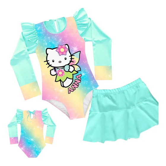 Traje De Baño Hello Kitty Entero Manga Larga Personzalizable