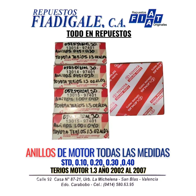 Anillos Para Motor Toyota Terios Motor 1.3 Año 2002 Al 2007