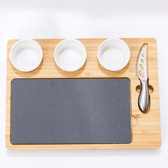Tábua De Bambu Para Frios 1 Mini Faca, 3 Tigelas Cerâmicas