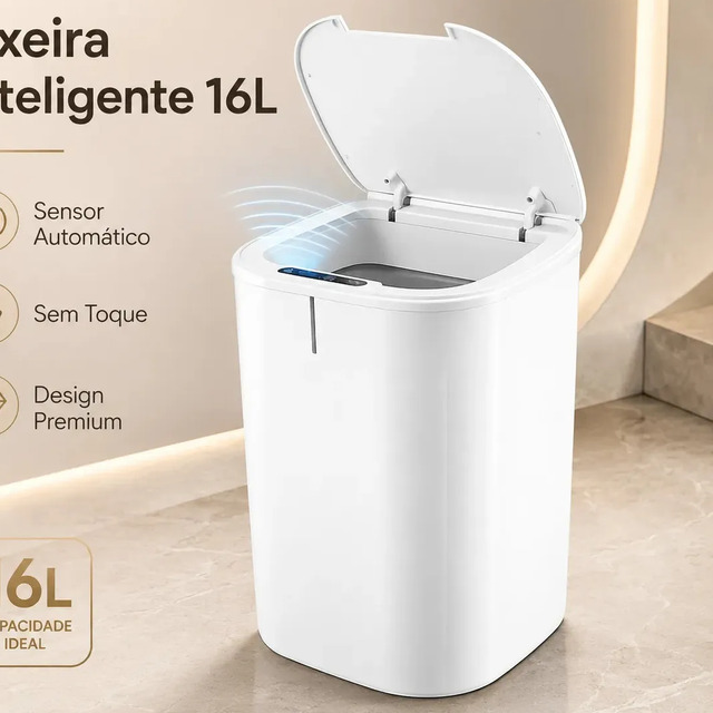 Lixeira inteligente branca de 16 litros com tampa aberta, exibindo sensor de movimento e design minimalista em ambiente iluminado.