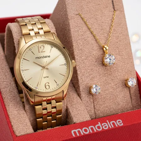 Relógio Mondaine Feminino Dourado Clássico Com Semijoias Kit 32606lpmkde1k1 Dourado-escuro