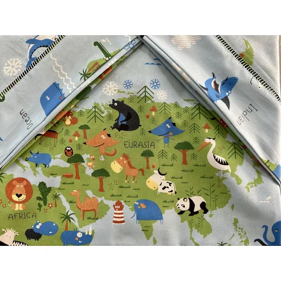 Lençol Casal Queen 3 Peças Mapa Mundi Animais 200 Fios