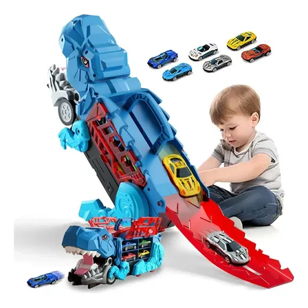 Caminhão Transporte Dinossauro Transformável Com 6 Carros Azul