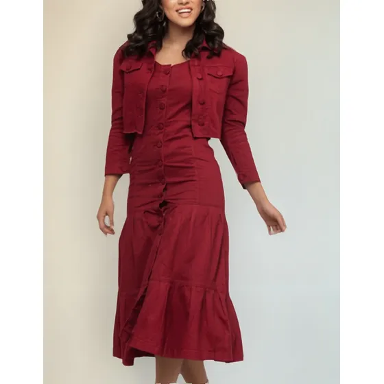 Vestido E Jaqueta Vermelho Moda Evagélica 7pallas