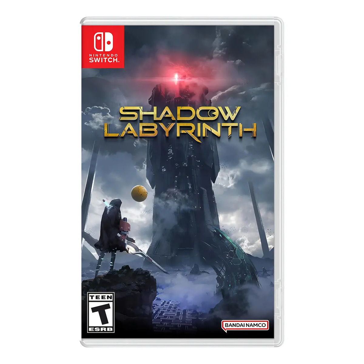 Capa do jogo físico Shadow Labyrinth para Nintendo Switch com arte de um personagem diante de uma torre sombria
