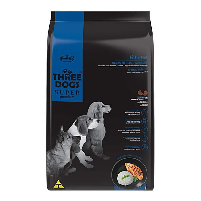 Alimento para tres perros para cachorros de pollo medianos y grandes, 15 kg