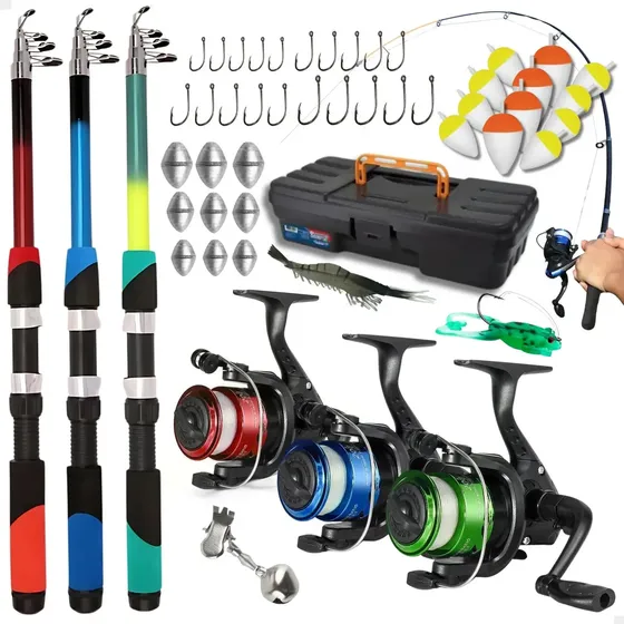 Kit Pescamping Completo: 3 Varas telescópicas de Fibra de Vidro e 3 Molinetes com Linha e Acessórios