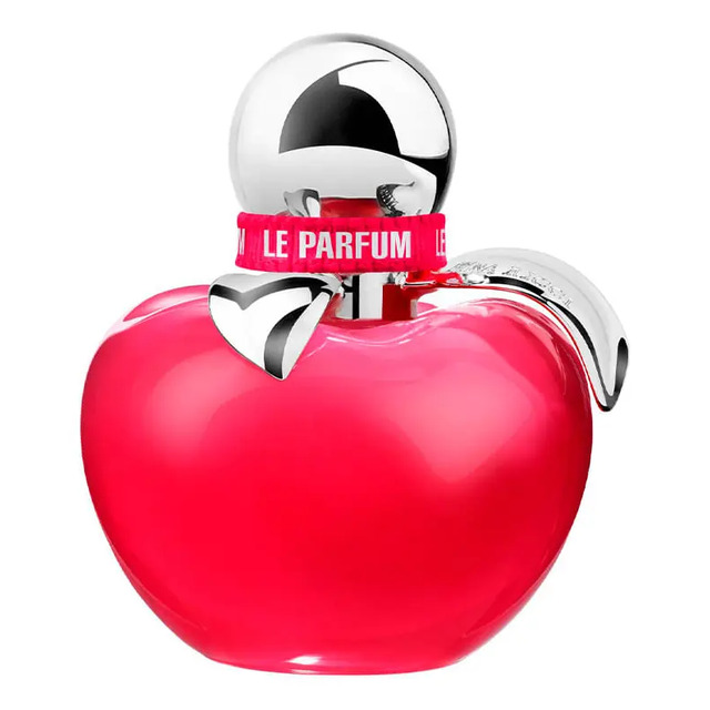 Frasco de perfume Nina Ricci Nina Le Parfum em formato de maçã de cor rosa vibrante com tampa prateada e detalhe de fita rosa no gargalo