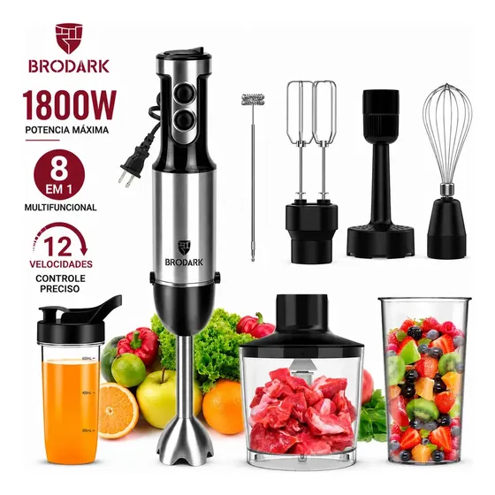 BRODARK Mixer de Mão Portátil 8 em 1 Processador Alimentos 1800w Multifuncional 8 Velocidade Picador