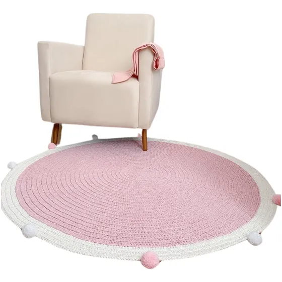 Tapete Quarto Do Bebê Croche Menina Rosa E Off Pompom 1,20 M