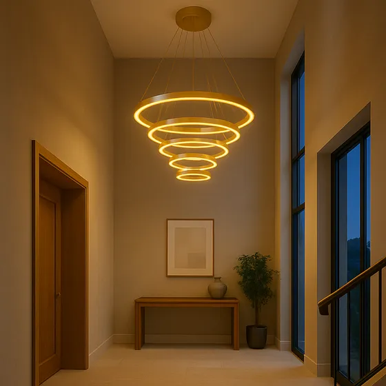 Lustre Pendente Grande 5 Aneis Pé Direito Alto Duplo Bivolt