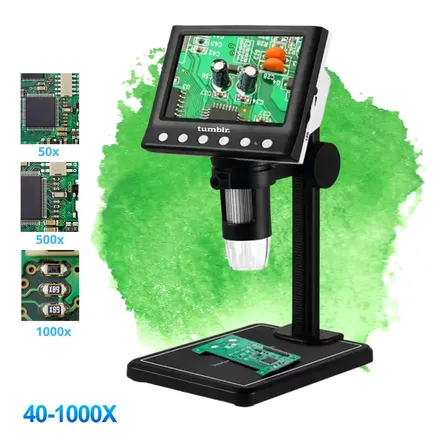 Microscópio Eletrônico Usb Lupa Digital Microscópica Ajustável Tela Lcd Full Hd 4,3 Polegadas Zoom 1000x Recarregável Vídeo Foto Iluminação 8 Leds Tumblr Preto