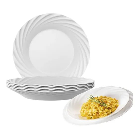 Jogo Kit 12 Pratos Vidro Branco Jasmim Fundo Duralex Almoço