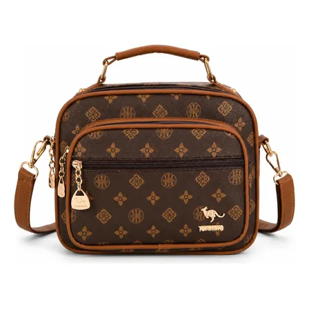 Bolsa Feminina Média Transversal Couro Pu Estampada Floral Marrom Flores Níquel