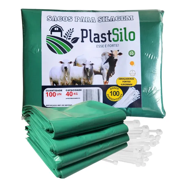 100 Sacos Silagem Verde 51x110 + 100 Abraçadeiras 200 Micras
