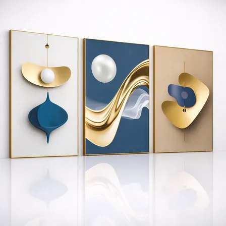 Quadro Decorativo Abstrato Geométrico Moderno Tons Azul 3 Pç Azul