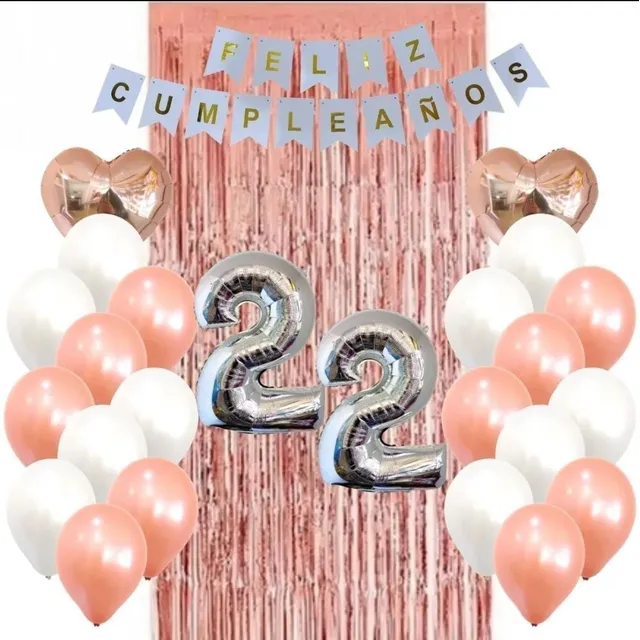 Kit Decoración Feliz Cumpleaños Bombas Oro Rosa+numeros 40cm