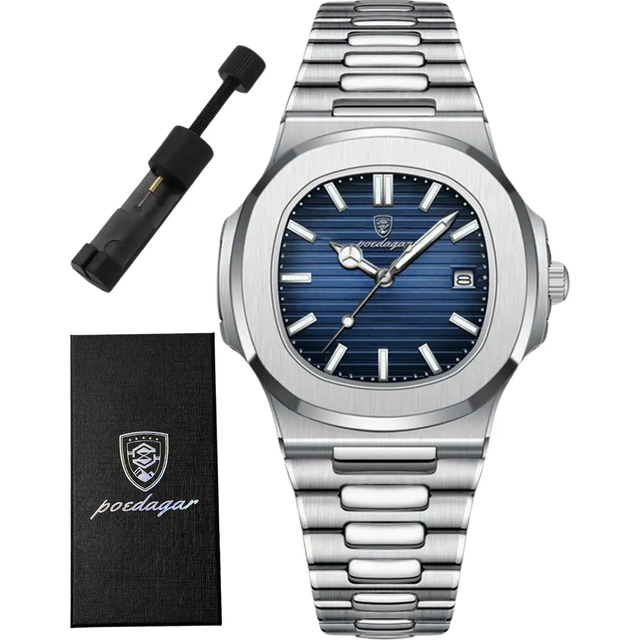 Relógio Poedagar De Luxo Aço Com Caixa E Ajuste De Pulseira Cinza Prateado Azul