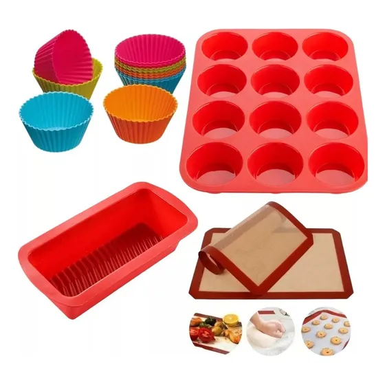 Pack Set Moldes Silicona Muffins Budinera Levys Bazar 12 Pirotines Individuales Tapete Malla Horno Antiadherente Apto Horno Freezer Mircoondas Moldes Airfryer Freidora Aire