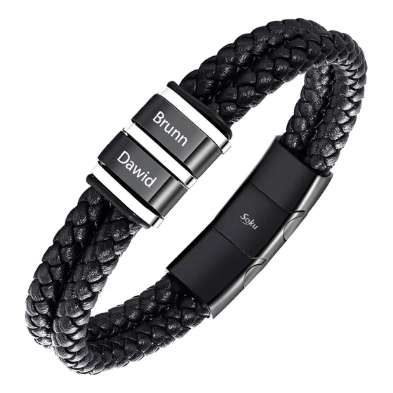 Soku Pulsera Personalizada Piel Acero Inoxidable Titanio Color 2 Nombres Diámetro 21 cm Largo 21 cm
