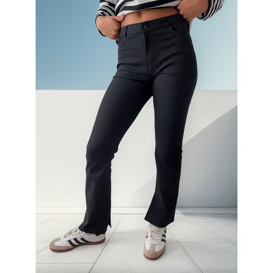 Pantalon Mujer Bengalina Negro Con Tajo Abajo