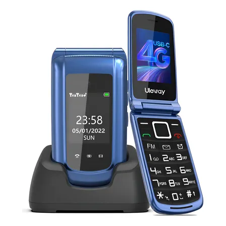 Uleway Teléfono Móvil Flip Para Adultos Mayores, 4g Lte, Dual Sim, Botón Sos, Botones Grandes, Larga Espera, Linterna, Cámara, Fm, Doble Pantalla, Azul
