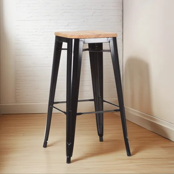 Banco Taburete Alto Barra Metal Cn Madera Tolix Negro Hlc